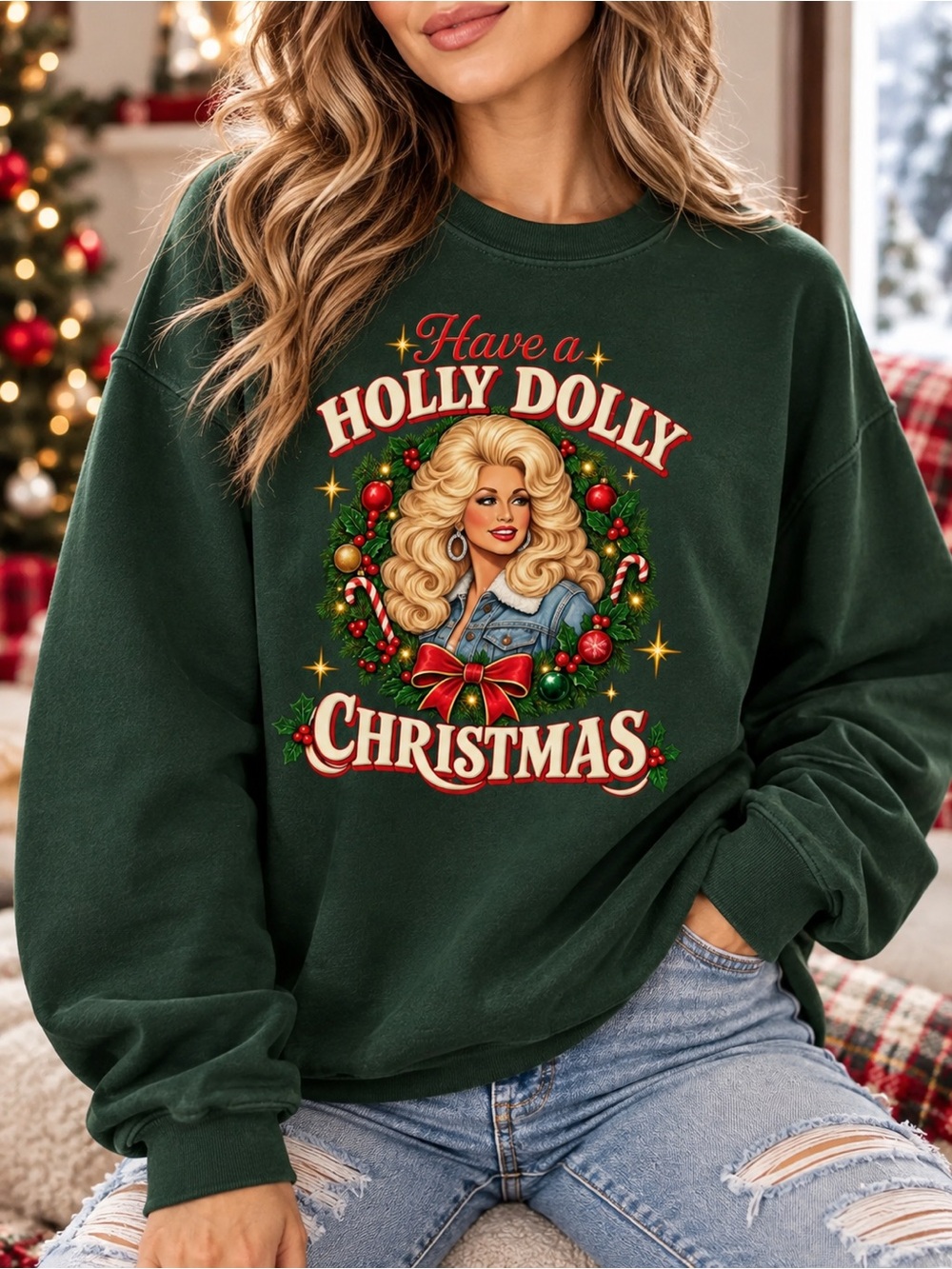 Have a Holly Dolly Christmas Green Holiday Sweatshirt